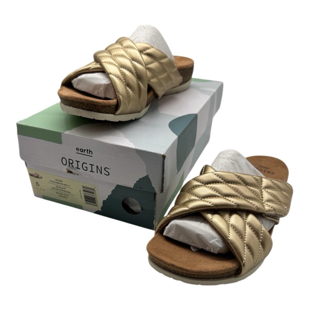 NWB Earth Origins Oceana Gold Quilted Slip On Strappy Sandals Women’s Size 6